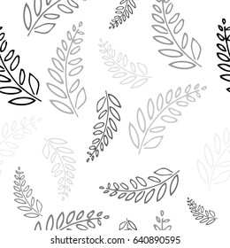 Seamless Pattern with Element of Forest Plants.  Black and Gray Fern  on  White Background. Vector Illustration. Beautiful Design for Postcard, Banner, Invitation, Print for Textile, tile, wallpaper.