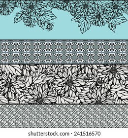 seamless pattern element of horizontal stripes of flowers in graphic style and ornaments 