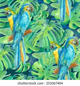 seamless pattern element of two ara parrots and leaves of monstera