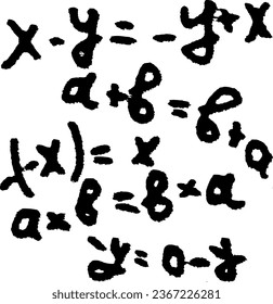 Seamless pattern of elementary arithmetic equalities. Signs and symbols are half erased and have ink smudges or have smudged on a school blotter. Black outline on transparent. Vector.