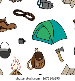 Seamless  pattern of elements about camping and hiking  in doodle style on white background. Hand drawn vector illustration. 