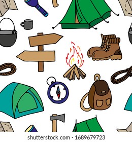 Seamless  pattern of elements about camping and hiking  in doodle style, isolated on a white background. Hand drawn vector illustration. 