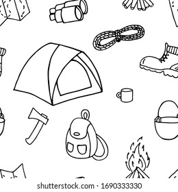 Seamless  pattern of elements about camping and hiking  in doodle style on white background. Hand drawn vector illustration. 