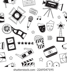 Seamless pattern with elements and attributes of cinema in the style of doodle on a white background. Vector illustration for your design