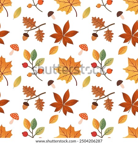 Seamless pattern elements of the autumn forest. Autumn leaves, mushrooms, acorns. Background on the theme of the Autumn Festival. Can be used in web design, printing, packaging, wallpaper, postcards