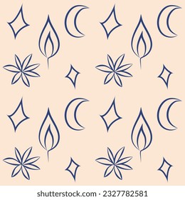 Seamless pattern with elements. Boho style, bohemian. Blue flower, moon, candle, radiance.