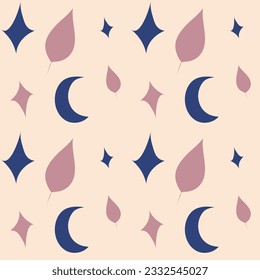 Seamless pattern with elements. Boho style, bohemian. Pink and blue moon, candle, radiance.	