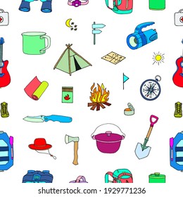 Seamless pattern with elements for camping and tourism on a white background.
