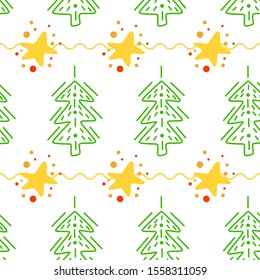 Seamless pattern with elements christmas fir and stars. Texture for web page, greeting cards, posters and banners. Prints on fabric and paper. 