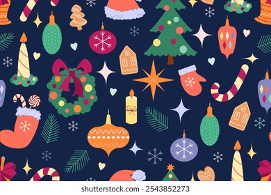 Seamless pattern with elements of Christmas and New Year decor. Christmas tree, candles, gingerbread, heart, Christmas tree decorations, snowflakes on a dark blue background. Vector