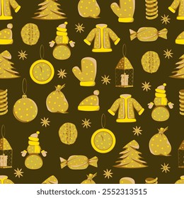 Seamless pattern with elements of Christmas, New Year, winter tinsel in gold tones on a brown background