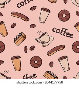 Seamless pattern with elements of coffee and dessert. Vector background of cafe concept and sweet cakes