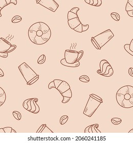 Seamless pattern with elements of coffee and dessert. Vector background of cafe concept and sweet cakes.