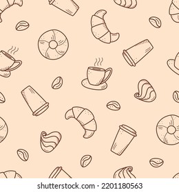 Seamless pattern with elements of coffee and dessert. Vector background of cafe concept and sweet cakes