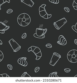 Seamless pattern with elements of coffee and dessert. Vector background of cafe concept and sweet cakes