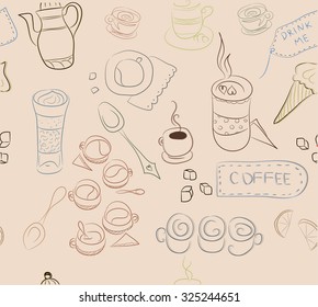 Seamless pattern with elements of coffee, coffee dishes, cakes, pastries. Concept for coffee, Coffee shop, a series of notebooks, booklets, linen, fabrics, linings of bags, napkins and more Two layers