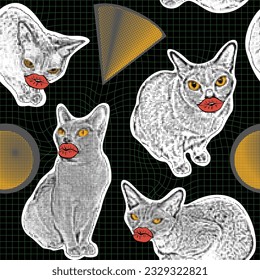 Seamless pattern with elements of a collage with cats in the technique of halftones for a mixed-style design. Aesthetics of crazy grunge punk. Grid y 2k. Black background. Vector.