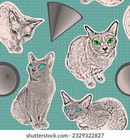 Seamless pattern with elements of a collage with cats in the technique of halftones for an unusual design in a mixed style. Aesthetics of crazy grunge-punk style. The y2k grid. Vector.