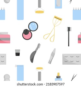 Seamless pattern with elements of cosmetics. Illustration with makeup products. Background. Vector illustration
