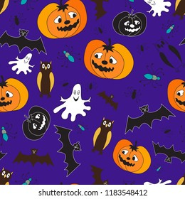 Seamless pattern with elements of design for the holiday Halloween.Funny vector illustration of smiling pumpkin,owl,spider,bat and a Ghost on a white background.