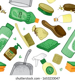 Seamless pattern with elements of eco house cleaning. Background for the site and promo materials of the house cleaning service by non-toxic and nature-friendly means. Cartoon vector illustration.
