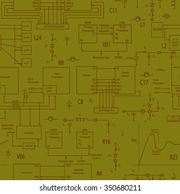 Seamless pattern with elements of electronic circuits, in the style of technical documentation , brown contour on a light green background