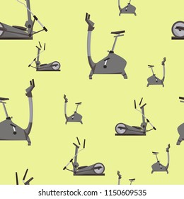 Seamless pattern with elements a eleptic simulator  and exercise bike  on a blue  background.