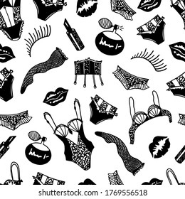 Seamless pattern with elements of female underwear, boudoir pattern, lips, perfume, doodle pattern.