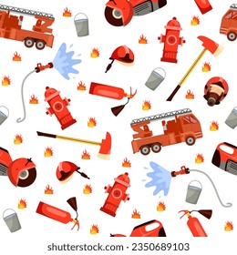 Seamless pattern with elements of firefighting red equipment. Fire truck with ladder, hydrant and hose. Decor textile, wrapping paper, wallpaper design. Print for fabric. Vector concept