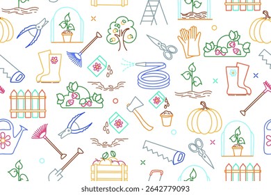Seamless pattern with elements of garden concept. Line art. Soil, watering can, vegetables, tools, flowers. Garden tools. Berries and fruits. Vector
