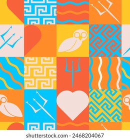 Seamless pattern with elements greek ancient signs. The sign of Athena is the owl and the sign of Neptune is the trident. Vector illustration