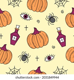 Seamless pattern with elements for Halloween. Mystical scary objects. Cats, pumpkins, ghosts, potion. Doodle style illustration