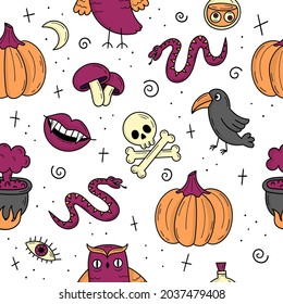 Seamless pattern with elements for Halloween. Mystical scary objects. Cats, pumpkins, ghosts, potion. Doodle style illustration