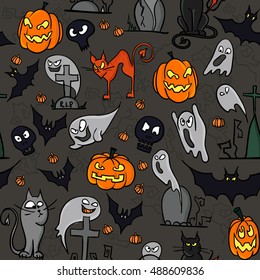 Seamless pattern with elements for Halloween party. Can be used as a set of Halloween icons, trick or treat stickers, party invitation elements. Halloween menu design. Vector Illustration. 