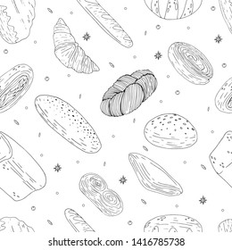 Seamless pattern of elements with hand drawn bakery products on a white background. Vector icons in black and white sketch style. Hand drawn isolated objects