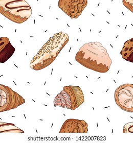 Seamless pattern of elements with hand drawn bakery products on a white background. Vector icons in black and white sketch style. Hand drawn isolated objects