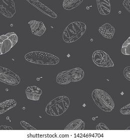 Seamless pattern of elements with hand drawn bakery products on a chalkboard background. Vector icons in black and white sketch style. Hand drawn isolated objects