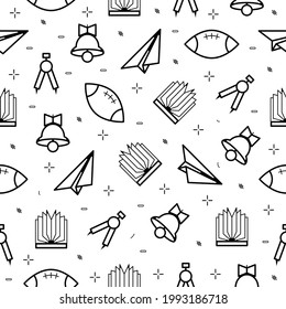 Seamless Pattern Elements Hand Drawn Collection College School Study Vector Design Style Background Grades Education Learning Bell Plane Book Compass Illustration Icons