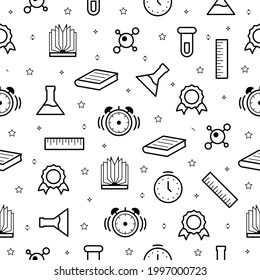 Seamless Pattern Elements Hand Drawn Collection College School Study Vector Design Style Background Grades Education Learning Book Clock Medal Ruler Flask Microbe Illustration Icons