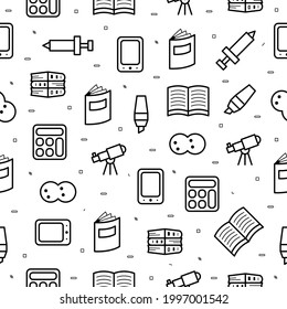 Seamless Pattern Elements Hand Drawn Collection College School Study Vector Design Style Background Grades Education Learning Book Syringe Microbe Telescope Calculator Marker Illustration Icons