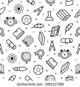 Seamless Pattern Elements Hand Drawn Collection College School Study Vector Design Style Background Grades Education Learning Flask Medal Book Feather Ball Clock Notebook Laptop Illustration Icon