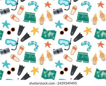 Seamless pattern with elements for holidays at sea, lake. Swimming trunks, mask and fins. Vector illustration for printing, textiles, wallpaper, fabric, wrapping paper, on a transparent background.