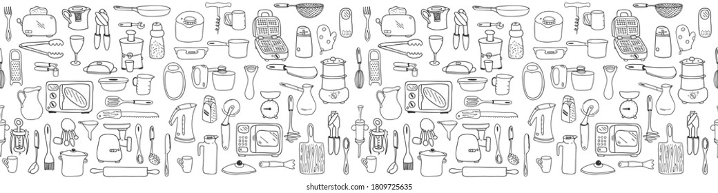 Seamless pattern with elements of kitchen utensils, utensils and appliances. Black-white background for menu design,brochures, web pages. Doodle illustration is hand drawn and isolated on white.Vector