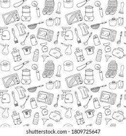 Seamless pattern with elements of kitchen utensils, utensils and appliances. Black-white background for menu design,brochures, web pages. Doodle illustration is hand drawn and isolated on white.Vector