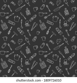 Seamless pattern with elements of kitchen utensils, utensils and appliances. Black-white background for menu design,brochures, web pages.Doodle illustration is hand drawn and isolated on dark.Vector