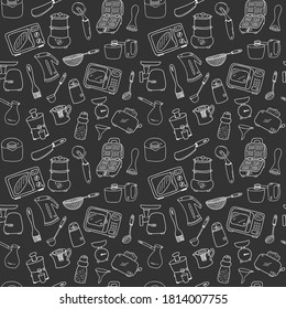 Seamless pattern with elements of kitchen utensils, utensils and appliances. Black-white background for menu design,brochures, web pages.Doodle illustration is hand drawn and isolated on dark.Vector