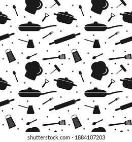 Seamless pattern with elements of kitchen utensils. For packaging, paper, design. Vector illustration isolated on white background.