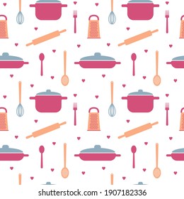 Seamless pattern with elements of kitchen utensils in pastel colors. For packaging, paper, design. Vector illustration.