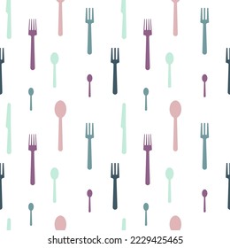 Seamless pattern with elements of kitchen utensils in pastel colors. For packaging, paper, design. Vector illustration.