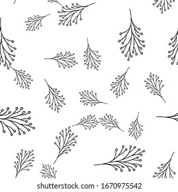 Seamless pattern of elements of leaves and flowers. Hand drawn vector illustration in doodle style. Elements for greeting cards, posters, stickers and seasonal design.